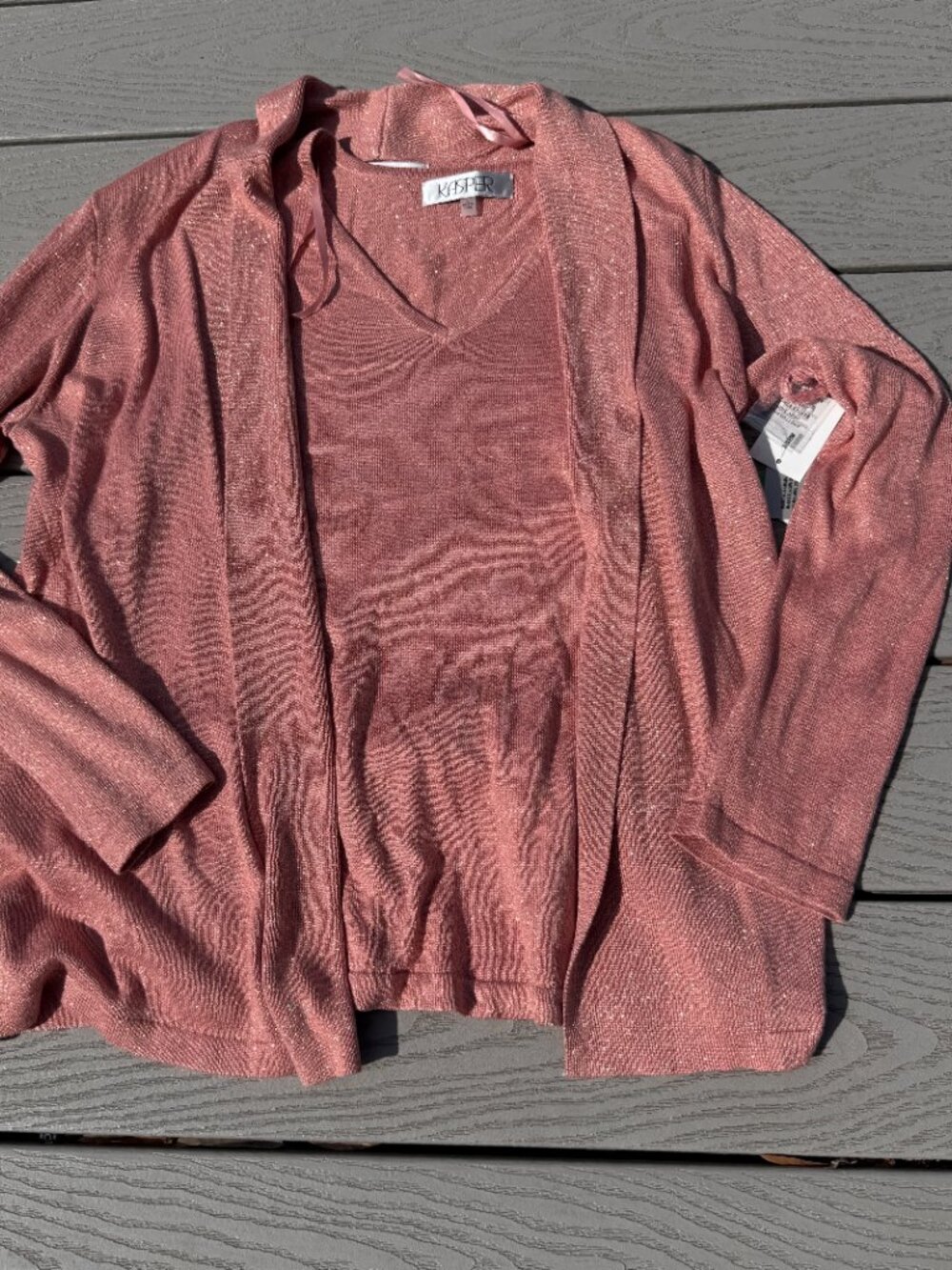 KASPER 2PC Cardigan and Tank Set Pink Glitter Large